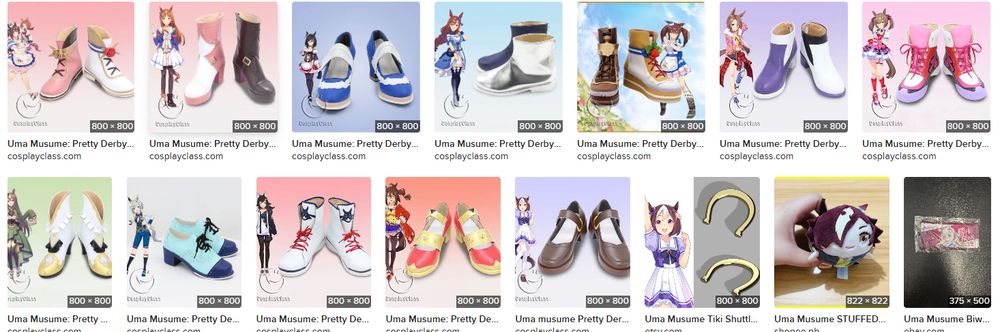 the top search for 'uma musume shoes' shows many listings for cosplay shoes for the characters in the series. ironically, every single shoe is different and is thus an amazing reference for many wacky shoe designs