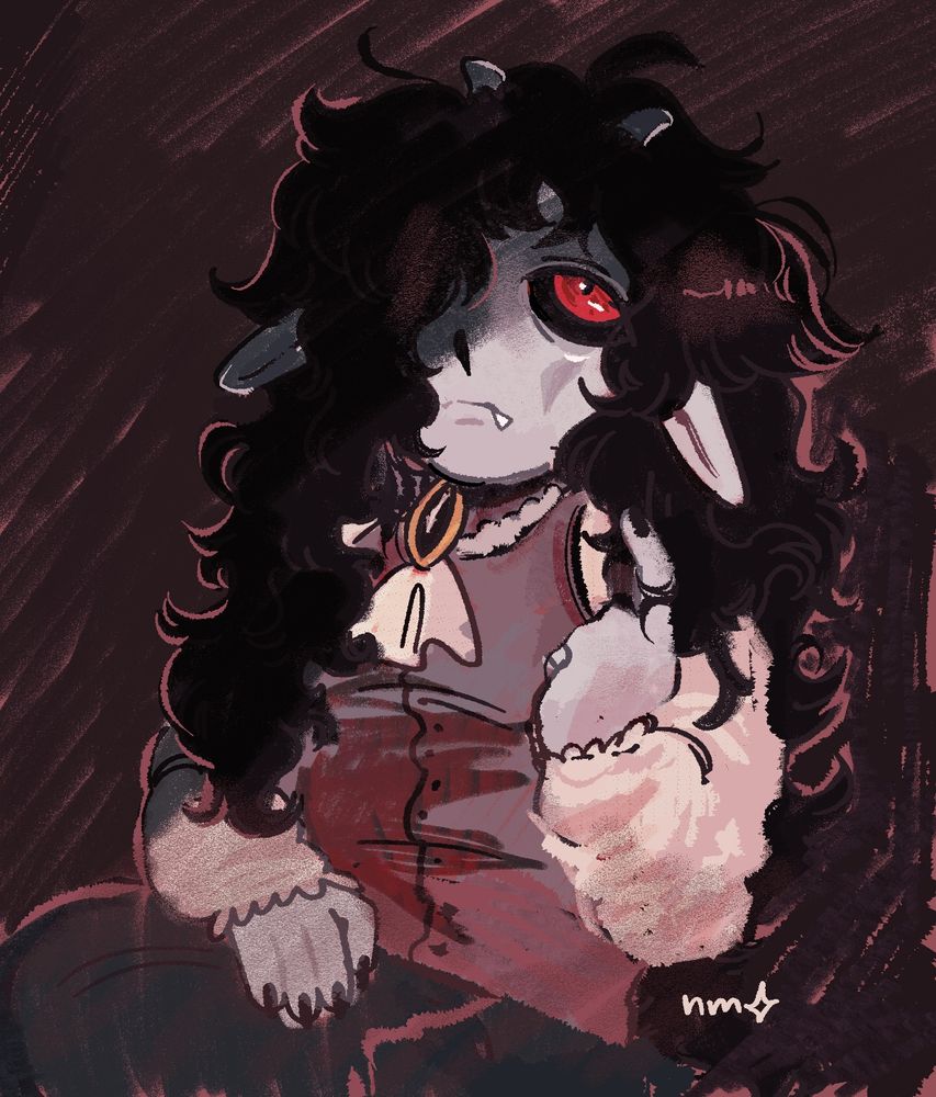 a gothic character with gray skin and long black hair melancholically playing with their hair