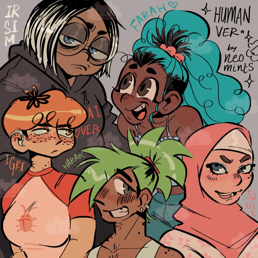A digital drawing of all five of my big cats as people. Text reads: 'Human version by neomints.' as well as the names of each oc. The white haired character with big glasses is Irsim. The blue haired character is Farah. The orange haired character is Igri. The green haired character is Harak. And the pink haired character is Sabit