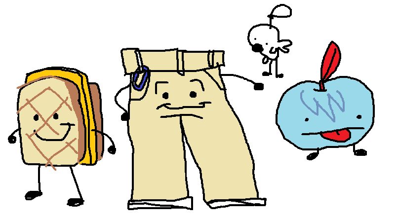 mspaint style drawings of four objects with limbs and faces. the first is a grilled cheese sandwich, then a pair of trousers with a blue carabiner, a blue apple with a fringe, and finally a tiny seal keychain with legs.