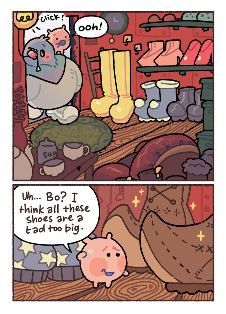 a full color digital comic page depicting a pigeon and a pink pea creature in a house full of shoes.