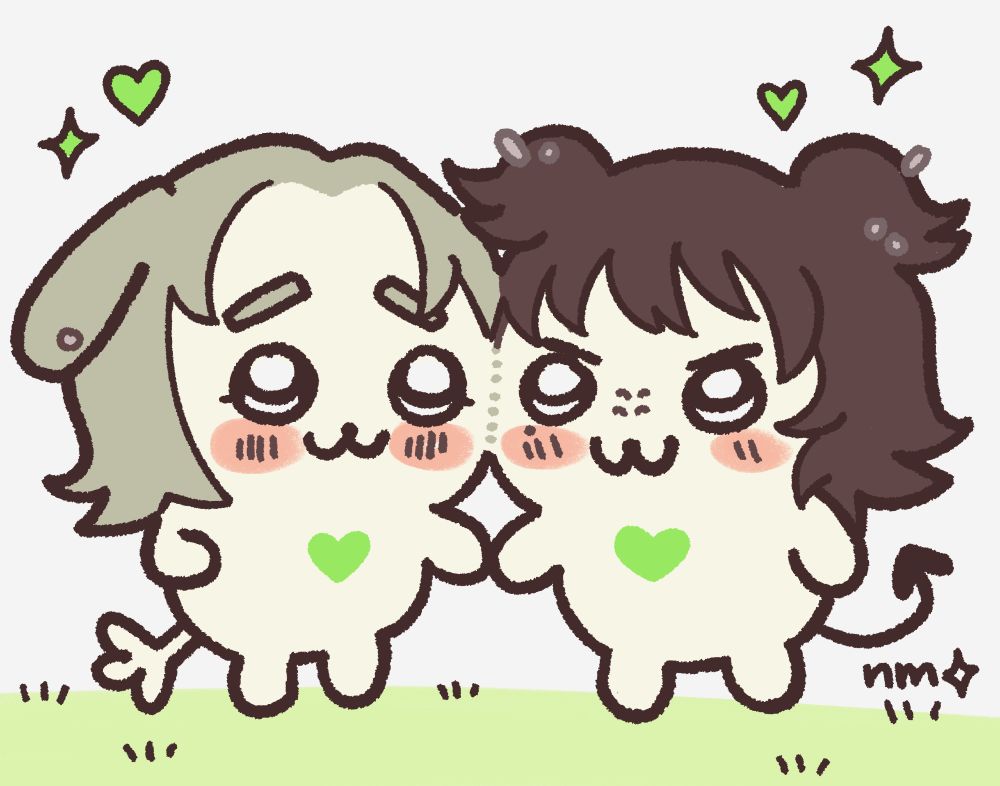 A drawing of the main couple from "the girl she likes isnt a girl at all" as chiikawa characters, meant to be used as an example of the commissions being offered as part of this deal. They are both white fuzzy creatures who are holding hands.