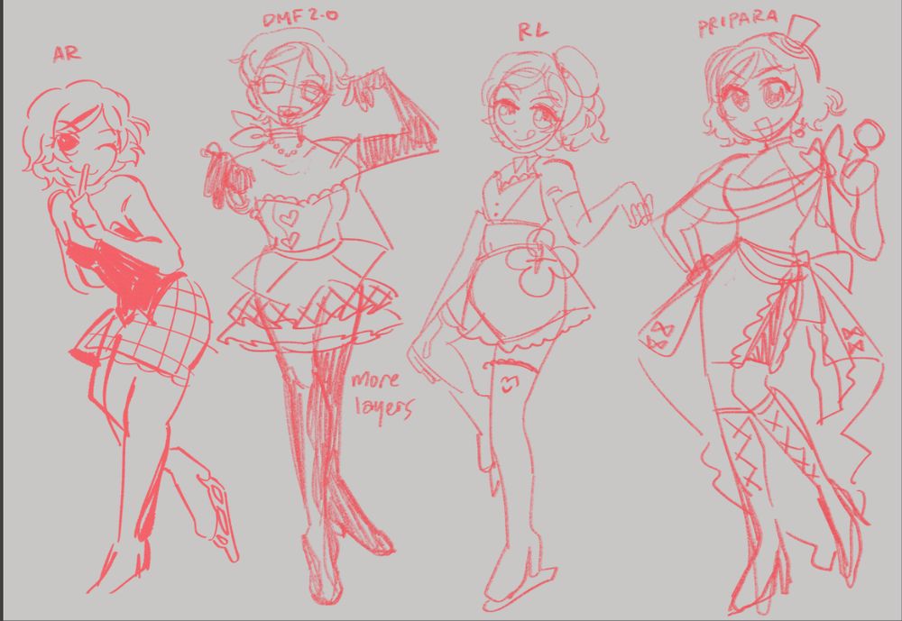 four sketches of the character takamine mion in four seperate styles, relating to the different shows I have redesigned her in. 
