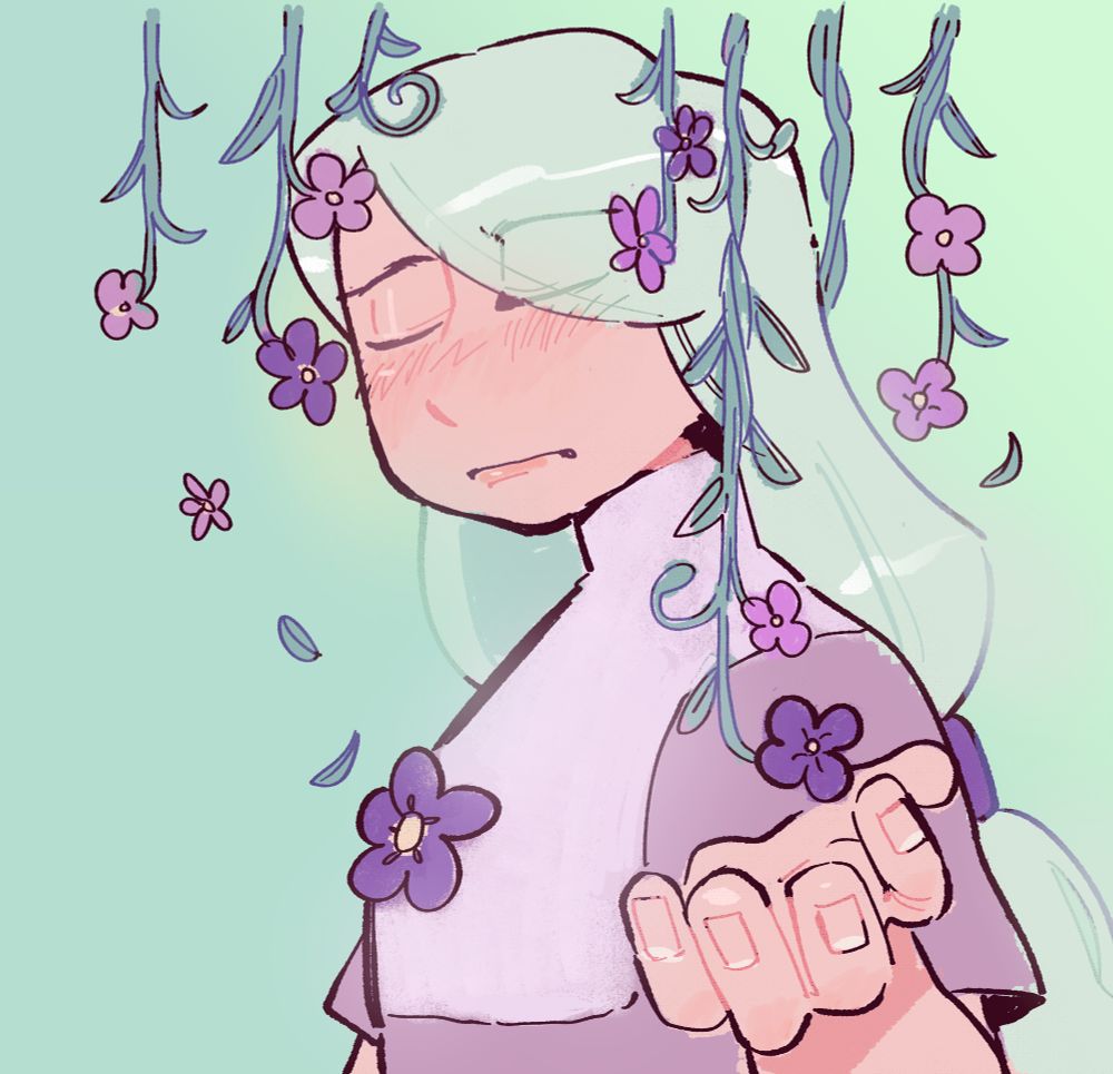 a drawing of a young girl making flower vines grow down. she has pale skin and green long hair.