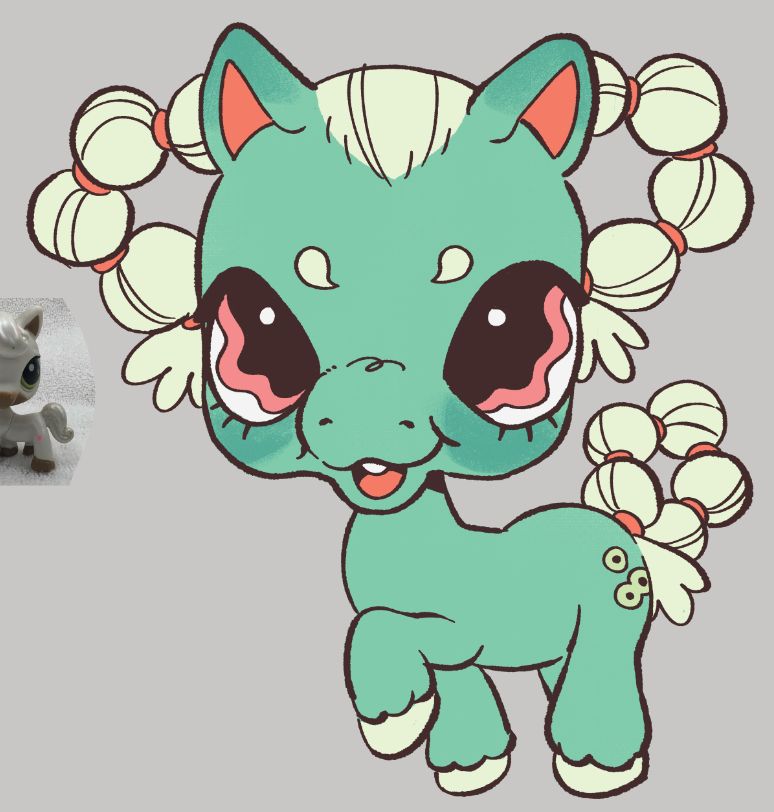 a colored drawing of a teal and off-white pony oc in the style of a littlest pet shop toy.