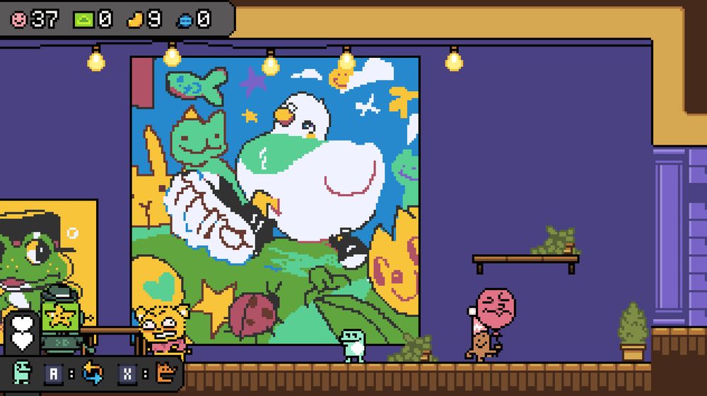 a screenshot of a pixel game with a big canvas in the middle showing a pigeon wearing shoes in the middle of a whimsical realm. outside of the canvas is a waiting room with a couple strange denizens.