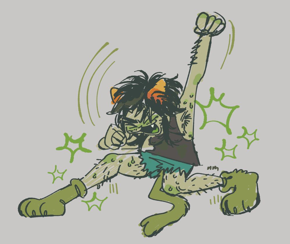 a digital doodle of nepeta from homestuck rocking out. they have lots of body hair, are super sweaty, with a wild wolf cut, teal shorts, and a muscle tee. Her fursuit shoes and tail are olive green.