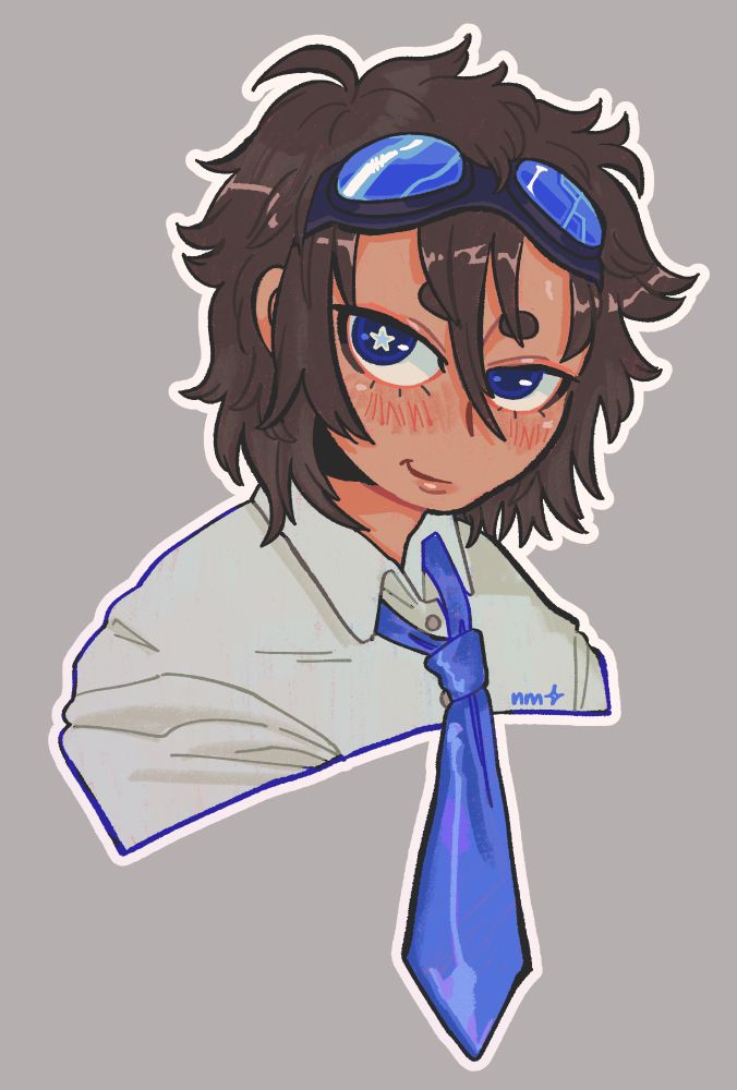 a drawing of a young person with blue goggles and a blue tie. they are smiling at the camera.