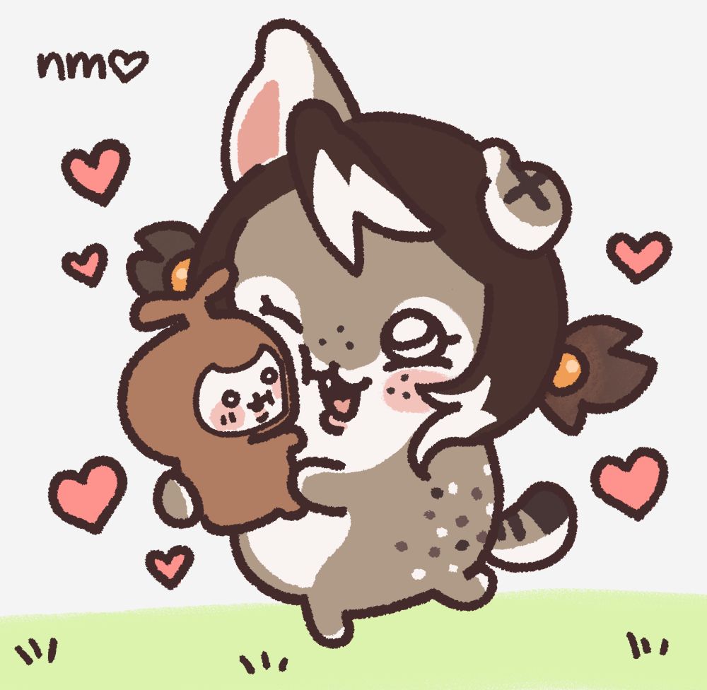 A digital drawing of a pomsky with mousy fur and pigtails holding Chiikabu with hearts around them. the drawing is in the style of the anime Chiikawa