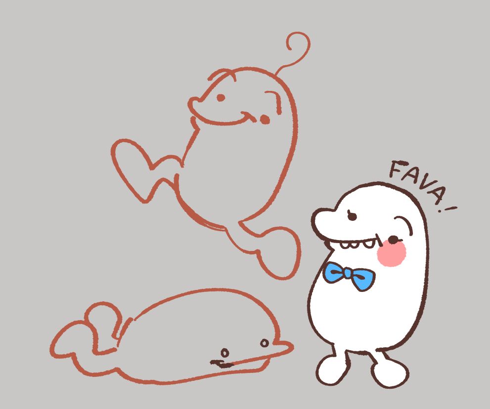 digital drawings of the bean character garbanzo, and one of a custom character that is also a bean with legs, but she has eyelashes, blush, and a bowtie. her name is fava.