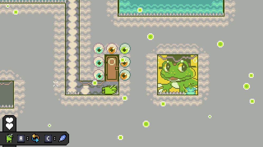 another in-game screenshot of a bubbly world. there are eyes around a door, beside them is another canvas with a frog wearing a top hat inspired by the game mud borne