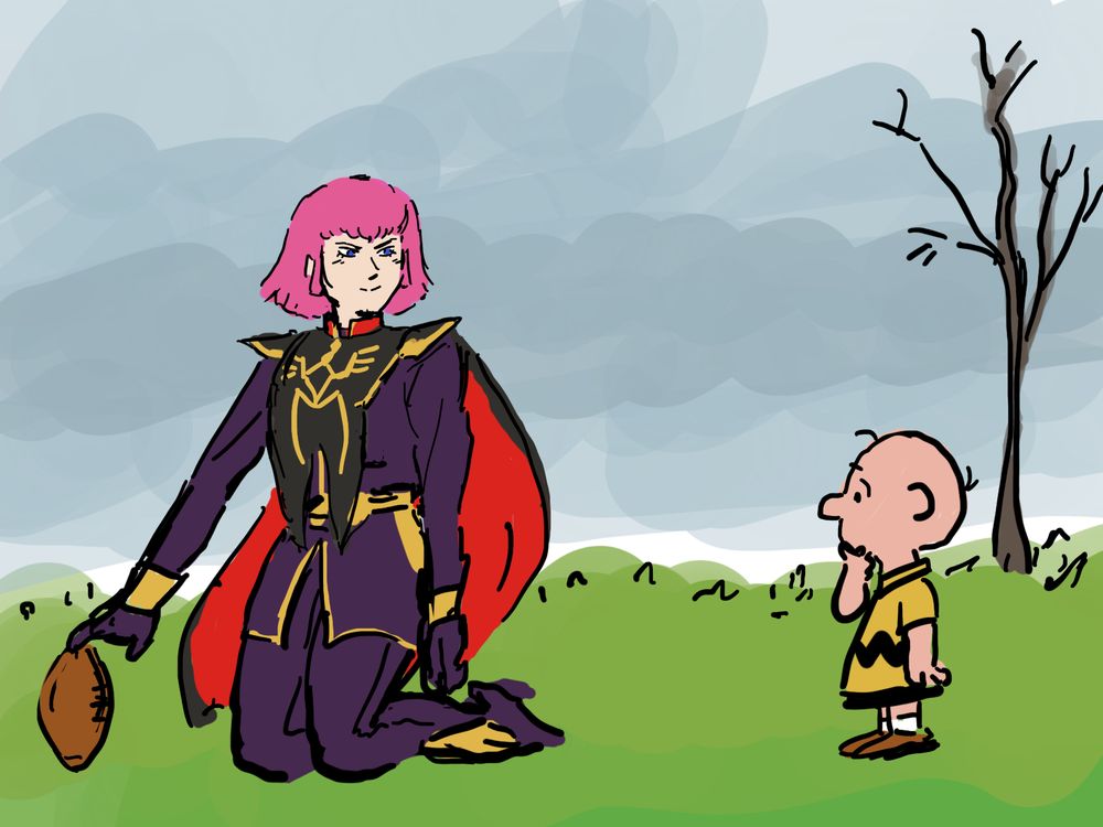 Art of Haman Karn from Gundam holding a football. An unsuspecting Charlie Brown considers the situation