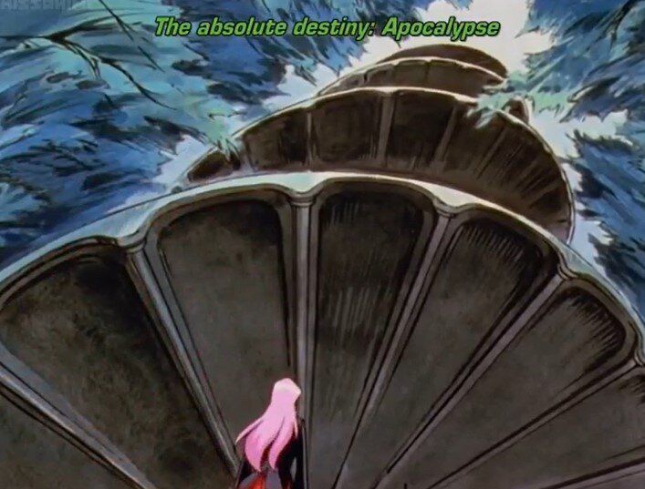 Utena at the bottom of the dueling arena spiral staircase, the subtitle says— The absolute destiny: Apocalypse