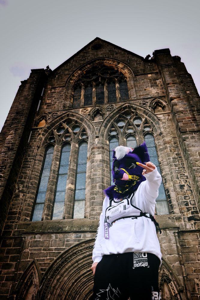 Furry purple wolf with rainbow mohawk flipping off the camera in front of an abbey. 