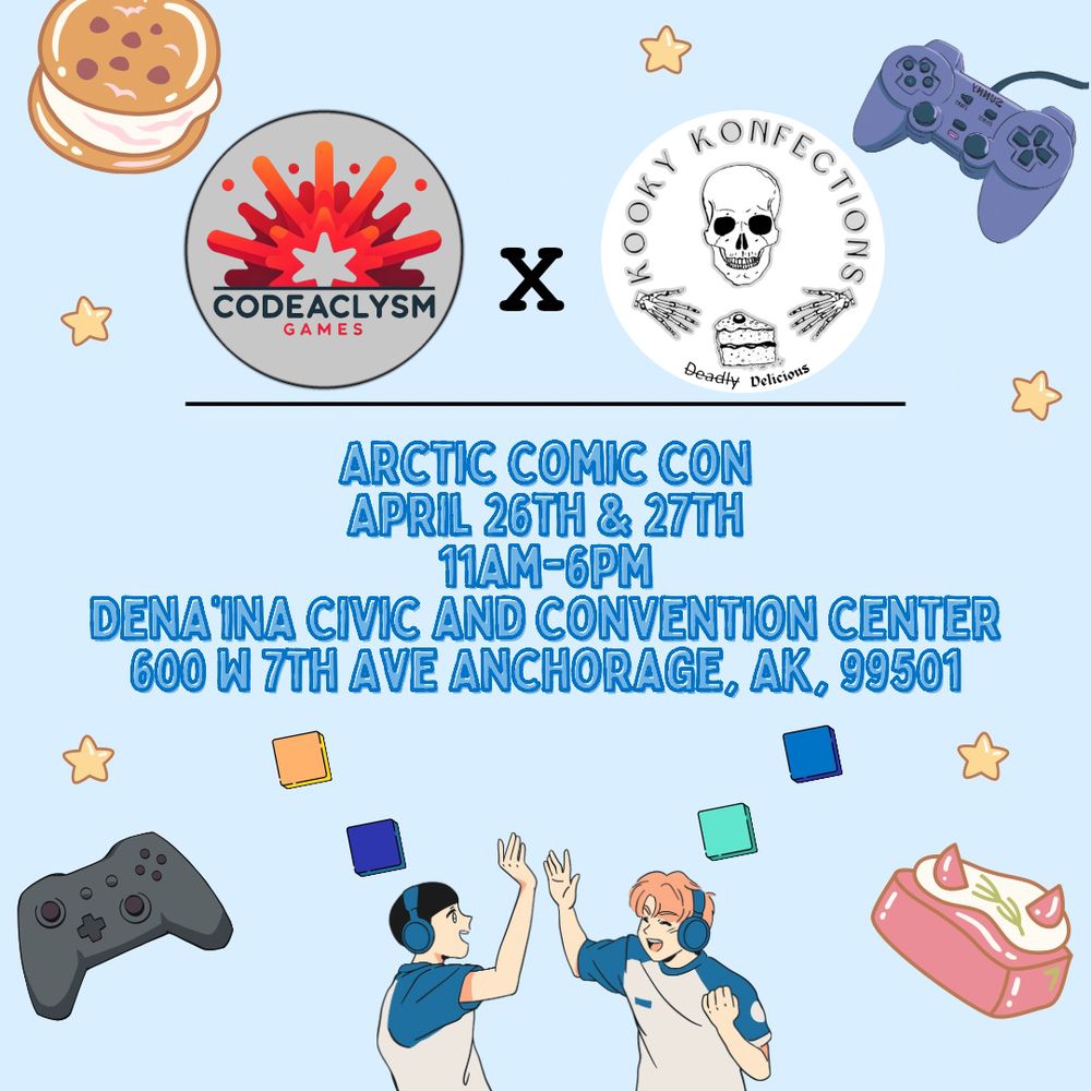 Banner for Codeaclysm Games and Kooky Konfections booth at Arctic Comic Con