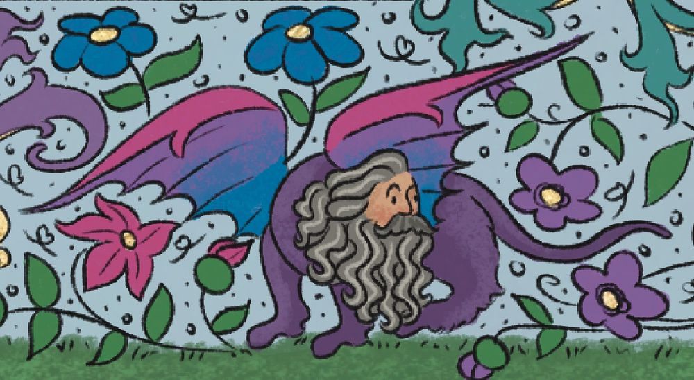 a manuscript grotesque of Ed as a purple winged beast of some variety with pink, purple, and blue wings. he’s looking to the right and standing on some grass amidst pink, purple, and blue flowers.