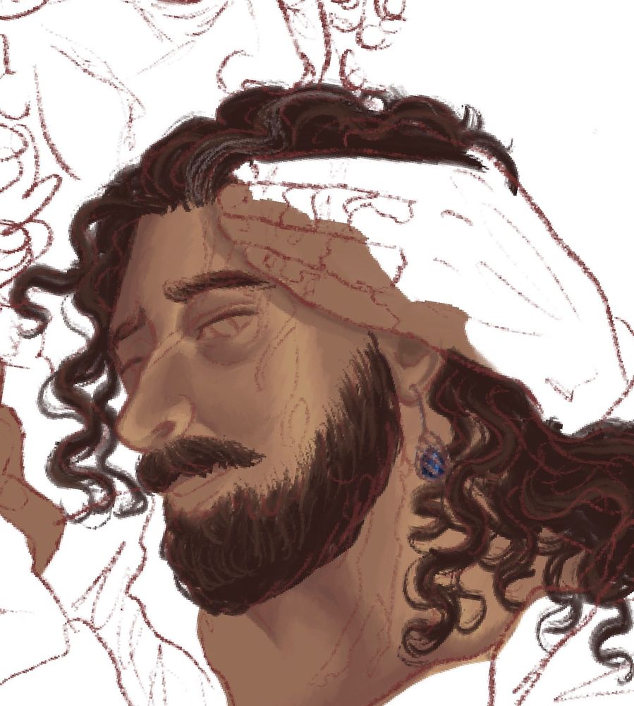 a close cropped screenshot of a digital painting in progress of Fitz and Patience in the style of the painting “Ivan the Terrible and His Son Ivan.” the screenshot focuses on Fitz’s face, which has had the base tones and his hair painted in to establish the tones before adding detail. 