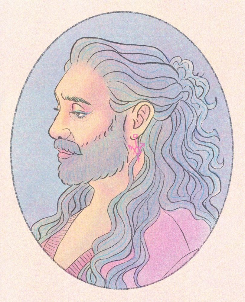 a drawing of Ed Teach in the style of a CMYK risograph print. Ed’s looking to the left with a vulnerable and soft expression on his face. he’s wearing a v neck pink sweater and a hot pink earring that’s a magen david merged with the trans symbol. he’s in an oval frame with a purple background over a paler peach background.