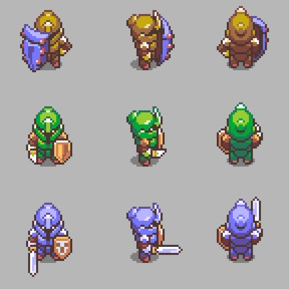 A 3x3 collage of soldier sprites, based on the in-game artwork from The Legend of Zelda, a Link to the Past.

The top row features the golden friendly shield soldiers.
The middle row features the relaxed green knights who don't chase Link
The bottom row features the classic blue soldier who patrols and chases link.

Closing thoughts: In retrospect, I should have kept a more flat-bottom design for the friendly soldier's shields, since they are large enough that they should realistically resemble tower shields. They still look neat, though. This shape was hard to draw at various angles.