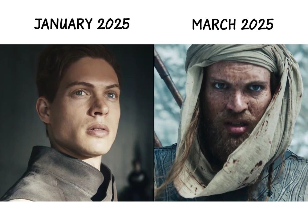A meme featuring Josha Stradowski portraying two of his ancestors in The Wheel of Time, used to humorously represent how the first months of the year have been rough. The left side, labeled ‘January 2025,’ shows a clean-shaven, well-groomed Stradowski as an Age of Legends da'shain Aiel figure, looking composed and noble. The right side, labeled ‘March 2025,’ shows him as Janduin, battle-worn, with a beard, dirt, and blood on his face, wearing a desert headscarf and looking exhausted. The meme plays on the idea of a challenging year quickly taking its toll.