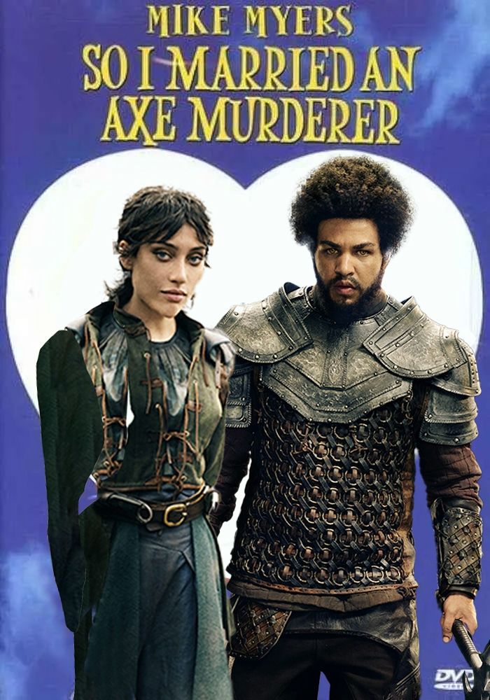 Movie cover for so I married an axe murderer but instead I the original characters we have Faile and Perrin standing side by side with Perrin holding an axe against a white heart shape set on a blue background