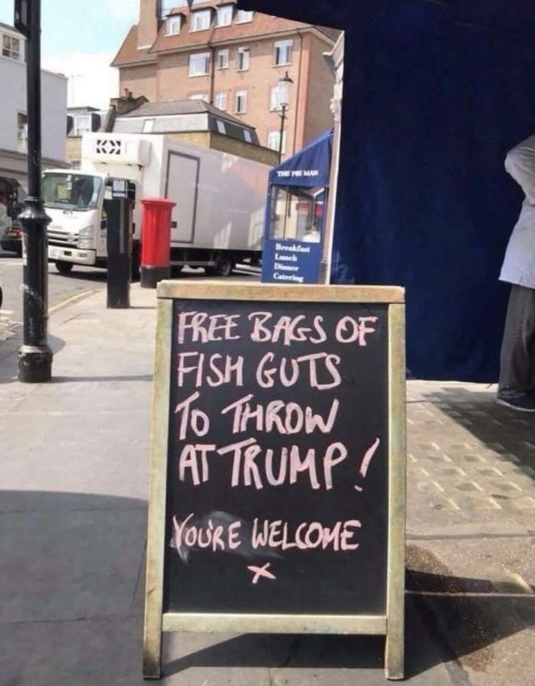 A street chalkboard sign outside a shop in what appears to be Scotland, with pink chalk text that reads: “FREE BAGS OF FISH GUTS TO THROW AT TRUMP! YOU’RE WELCOME x.” In the background, there’s a delivery truck, a red post box, and a building with a blue awning labeled “THE FISH MAN.”