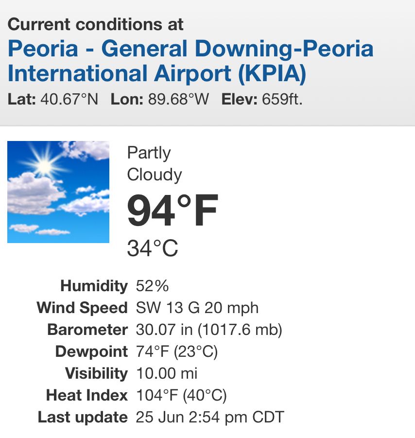 Screenshot of the weather info showing 94°F