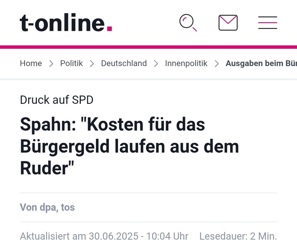 T Online Screenshot
Spahn: "Kosten für das Bürgergeld laufen aus dem Ruder"