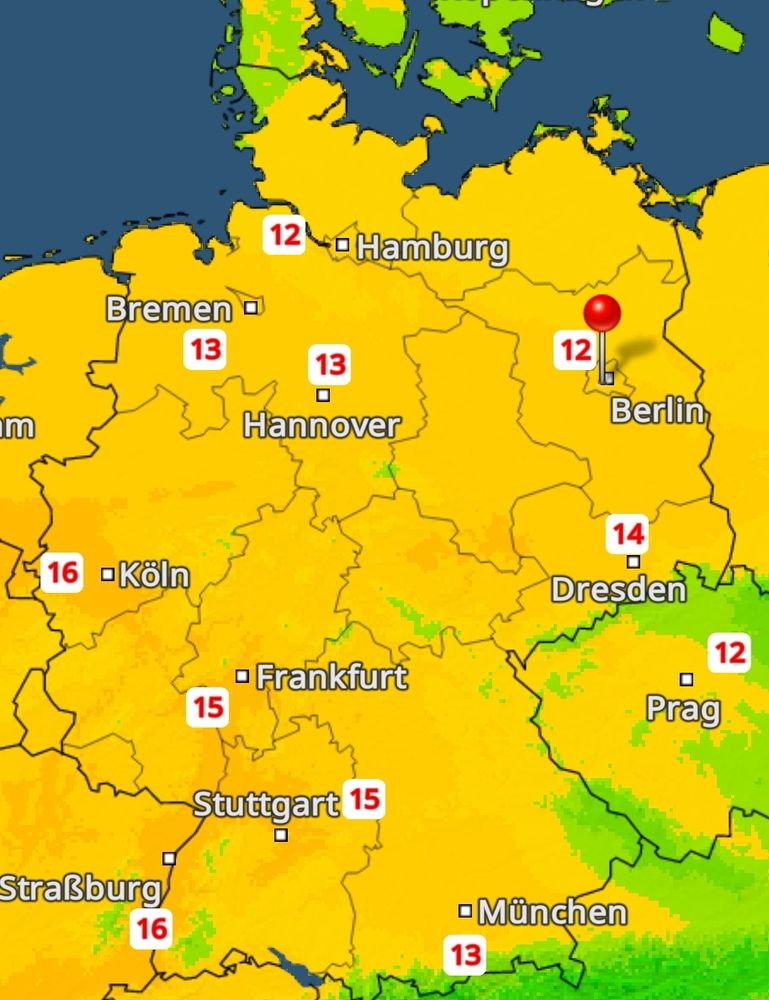 Höchsttemperaturen heute auf einer Deutschlandkarte.
Zwischen 12 und 16 Grad 