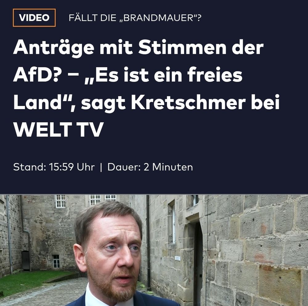Welt Screenshot
Anträge mit Stimmen der AfD? - ,Es ist ein freies Land", sagt Kretschmer bei WELT TV