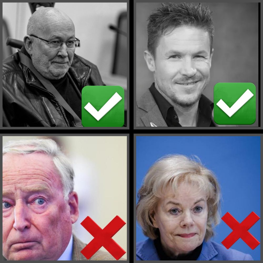 Vier geteiltes Bild
Oben schwarz weiß Bilder von Baumgartner und Mahler, jeweils mit grünem Haken.
Unten Farbbilder von Gauland und Steinbach, jeweils mit rotem x