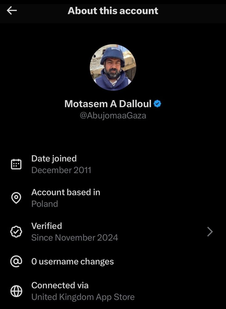 Profil von Motasem A Dalloul
Sein Account stammt aus Polen, nicht aus Gaza. 