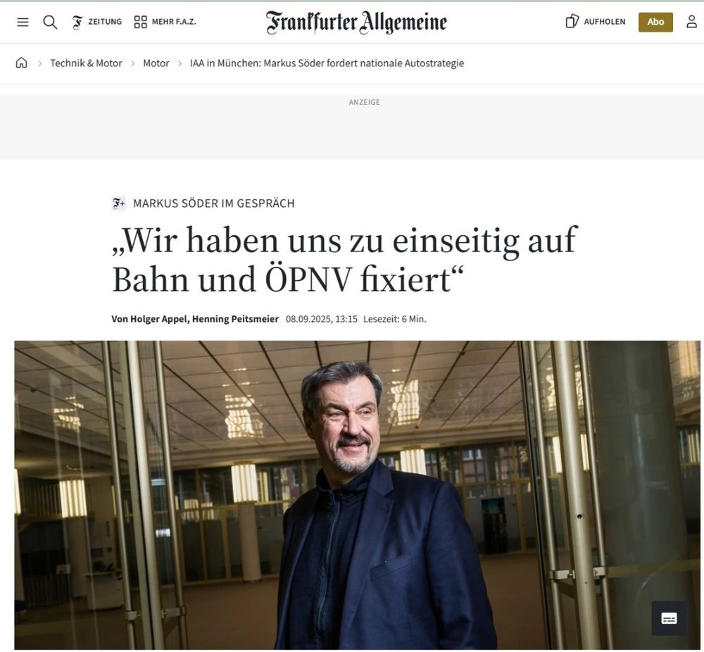 FAZ Screenshot Markus Söder im Gespräch ,Wir haben uns zu einseitig auf Bahn und ÖPNV fixiert