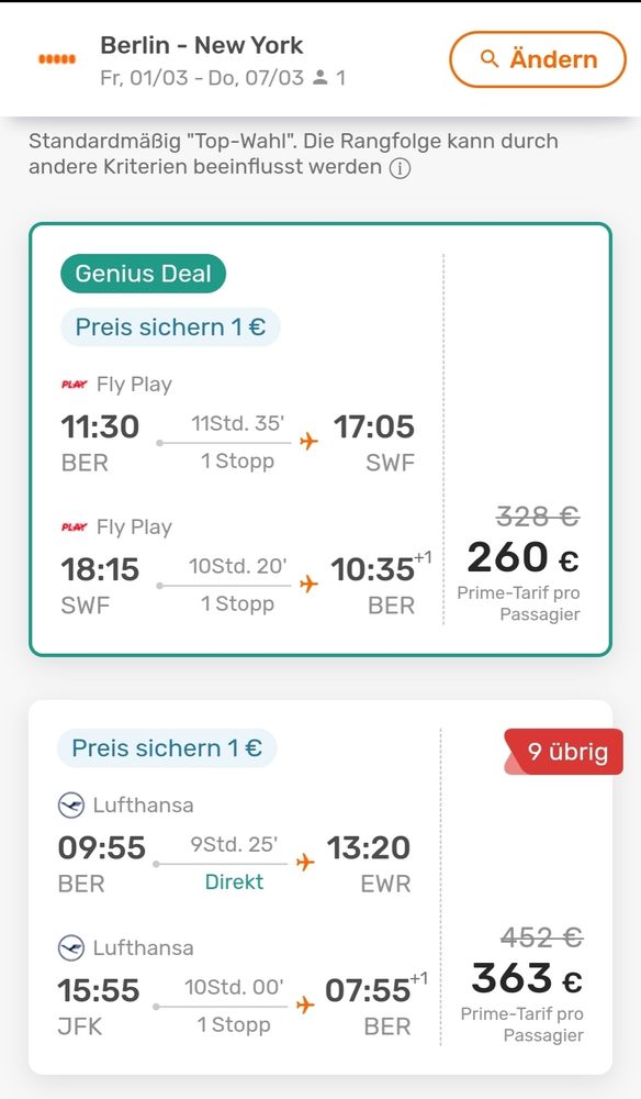 Screenshot einer Vergleichsseite für Flugpreise (Opodo). 
Berlin New York Stewart gibt es hin und zurück für 260€.
Berlin Newark, JFK Berlin mit Lufthansa gibt es für 360€.
Reisezeitraum jeweils Anfang März.