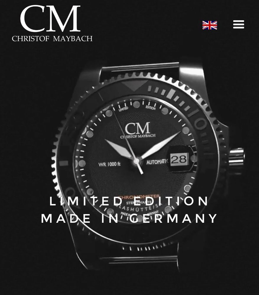 Screenshot Christof Maybach Uhren Webseite, mit einer Uhr und dem Schriftzug limited Edition, made in Germany
