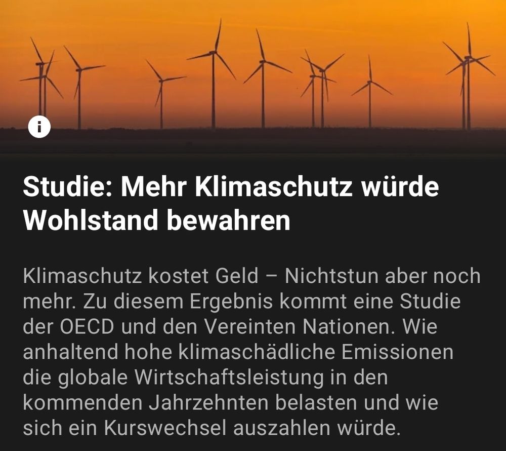 Upday Screenshot
Studie: Mehr Klimaschutz würde Wohlstand bewahren
 Klimaschutz kostet Geld - Nichtstun aber noch mehr. Zu diesem Ergebnis kommt eine Studie der OECD und den Vereinten Nationen. Wie anhaltend hohe klimaschädliche Emissionen die globale Wirtschaftsleistung in den kommenden Jahrzehnten belasten und wie sich ein Kurswechsel auszahlen würde.