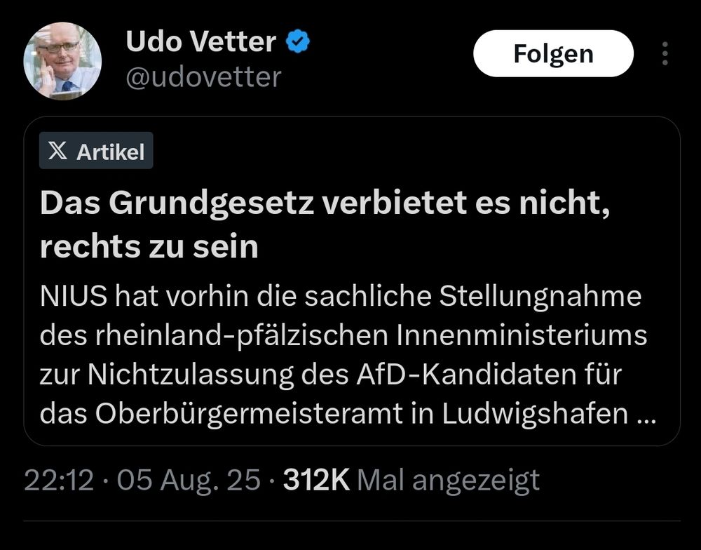 Tweet von Udo Vetter
Das Grundgesetz verbietet es nicht,  rechts zu sein  

