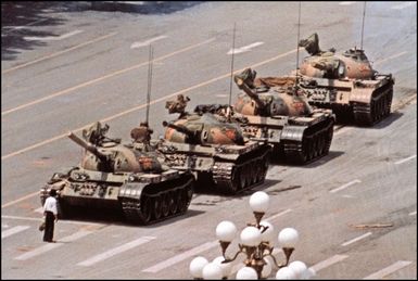 Famous picture of the “Tank Man” in front of Chinese military tanks during the Beijing student protests in Tianamen Square in 1989.