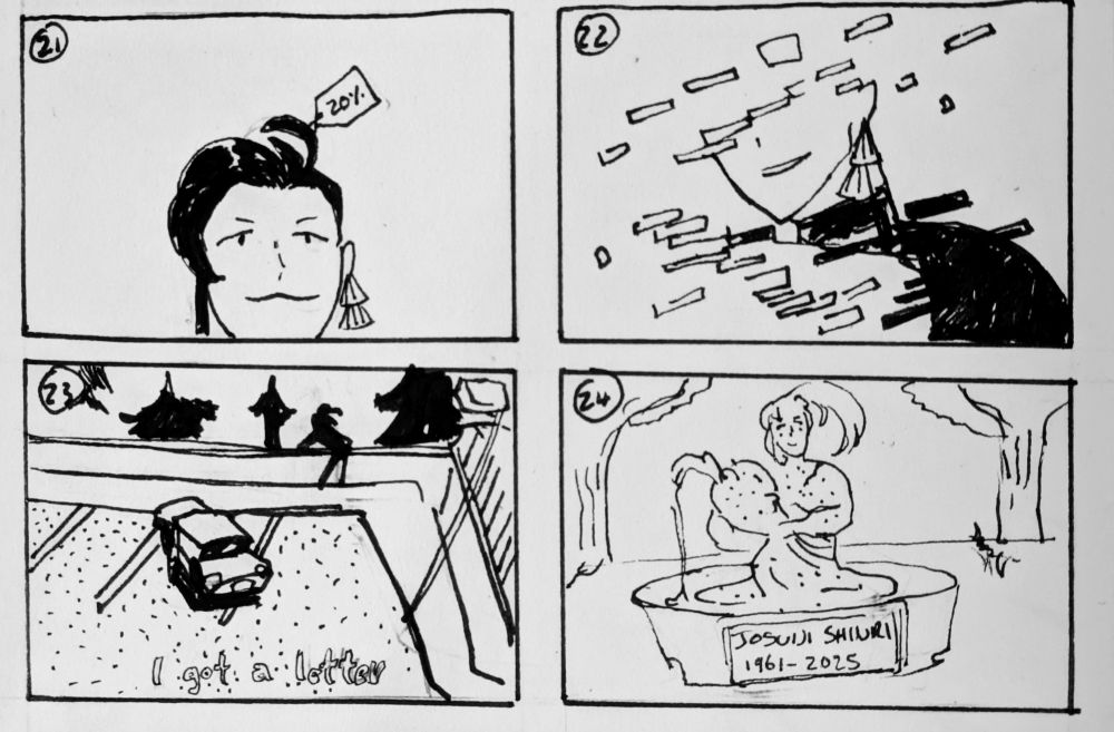 Shinri with discount tag on ahoge, shinri body glitching out, zoom out of a car in parking lot with shinri looking over the fence. Sculpture fountain of shinri at a cemetery 