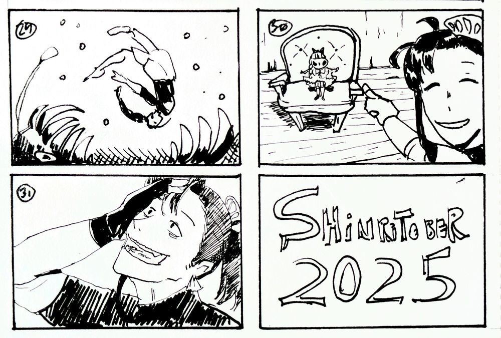 Shinri sinking into an angler fish's mouth, shinri pointing at a haunted doll, shinri going mad with a hand on his head. Shinritober 2025
