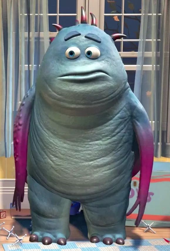 das blaue monster steht da und schaut doof