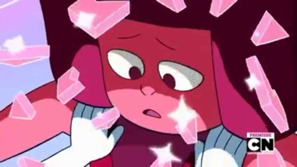 a cartoon character is surrounded by pink crystals and the cn logo is visible