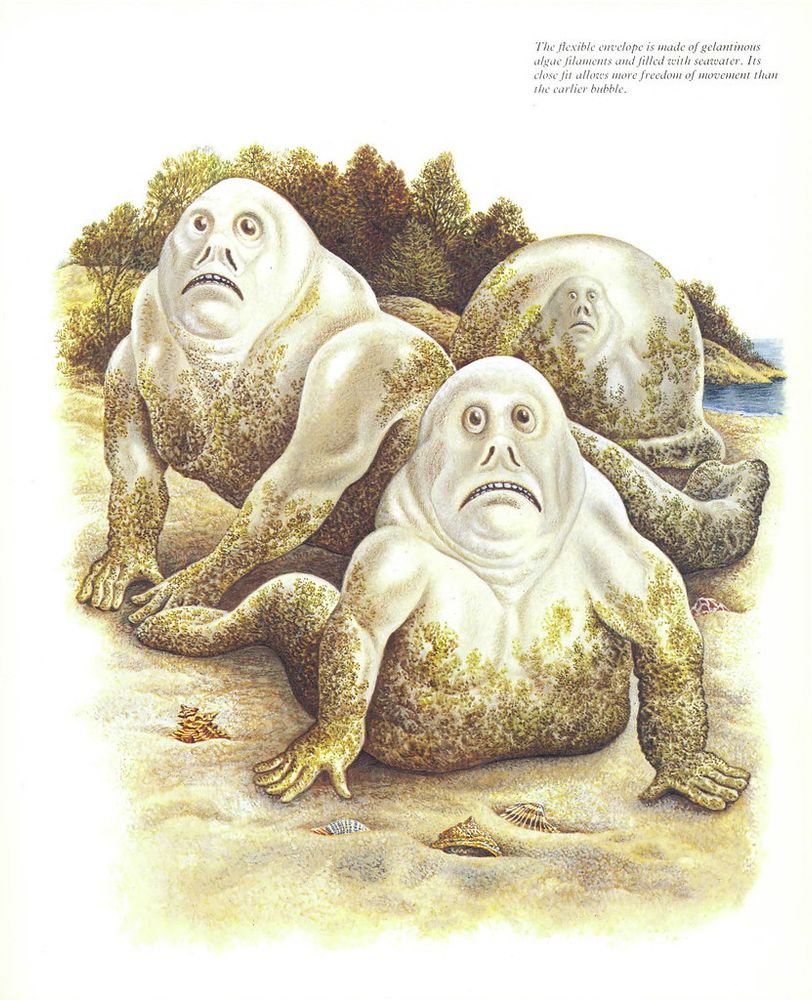 a page from "Man After Man" depicting blubbery, seal-like humanoids