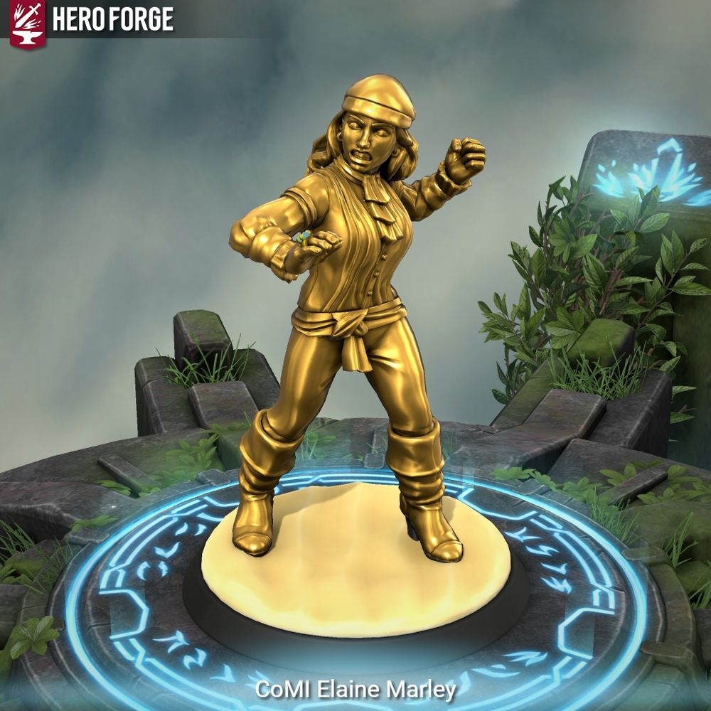 A Heroforge version of Elaine Marley from Curse of Monkey Island, after she's been turned into a solid gold statue