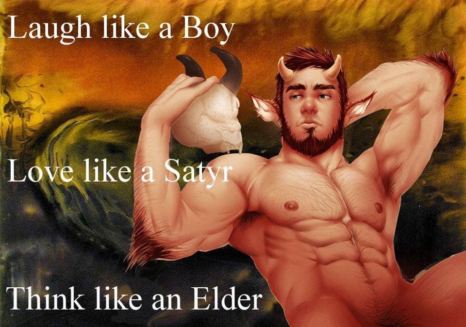 drawing of young satyr reclined with the motto "Laugh like a boy. Love like a satyr. Think like an elder.