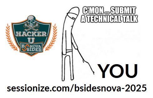 Cartoon figure with a stick poking the word YOU saying "C'mon ... submit a technical talk." sessionize.com/bsidesnova-2025