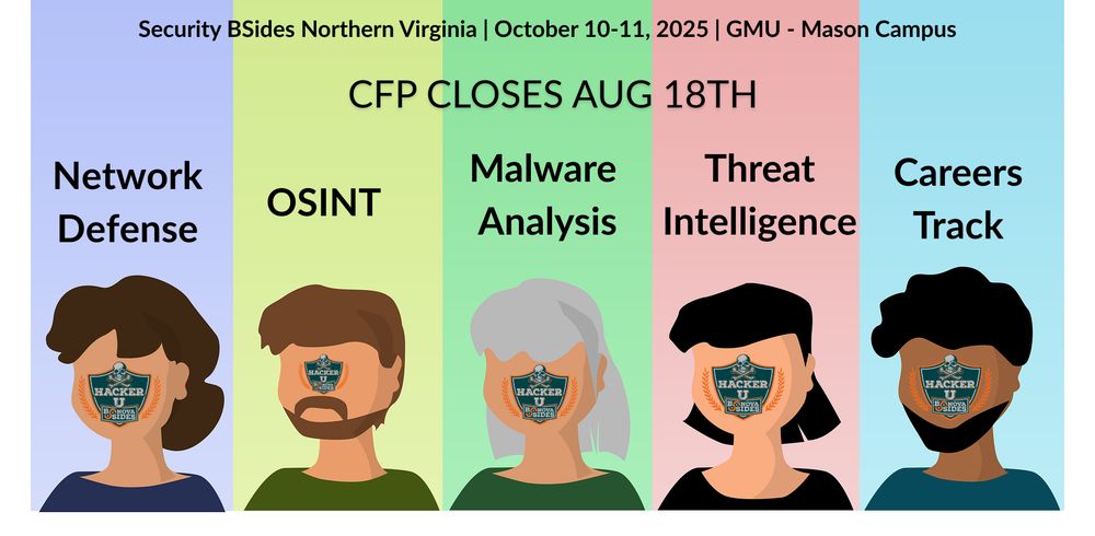 Five different cartoon people with the BSides NoVA logo on their blank face space. Each has a topic over their heads. Network Defense. OSINT. Malware Analysis. Threat Intelligence. Careers Track. Security BSides Northern Virginia. October 10-11, 2025. George Mason University - Mason Campus. 