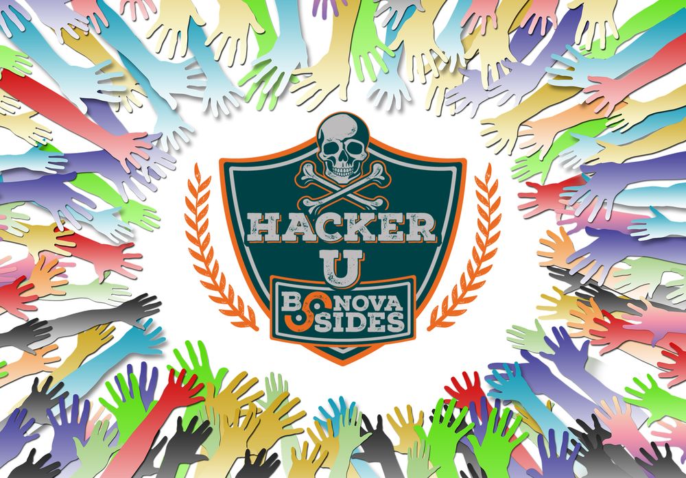 The Security BSides Northern Virginia logo of a skull and cross bones saying Hacker U with outlines of cartoon hands and arms outstretched as if to volunteer. 
