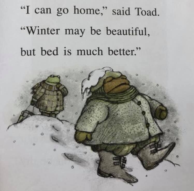 Frog and Toad.
Toad saying "I can go home Winter may be beautiful but bed is much better"