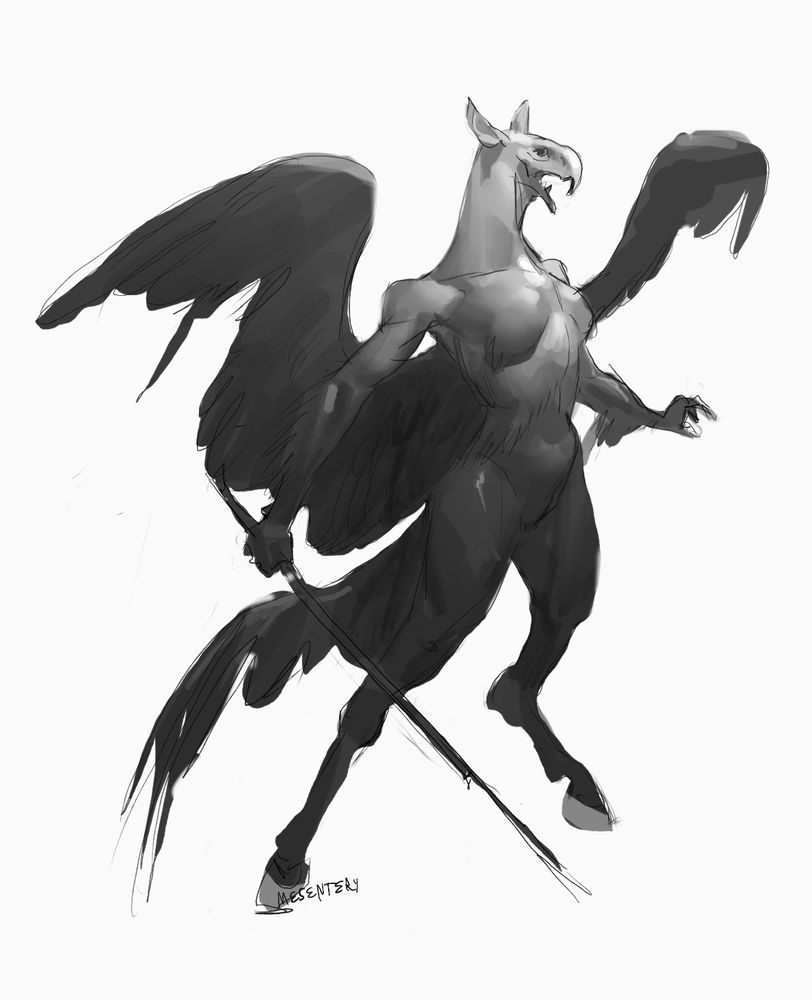 a female hippogryph warrior with the upper half of an eagle and lower of a horse stands in an intimidating pose holding a sharp stabby stick in a white void. 